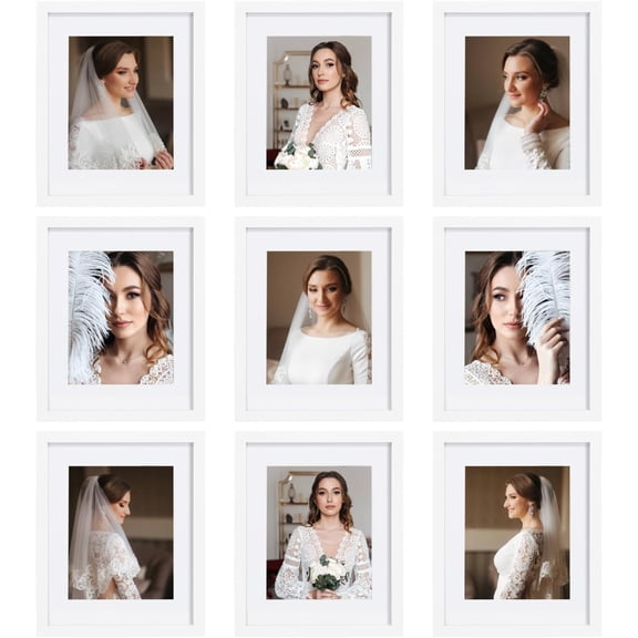 11x14 Picture Frame Set of 9, Display Pictures 8x10 with Mat or 11x14 without Mat, Multi Collage Gallery Square Photo Frames for Wall or Tabletop, White