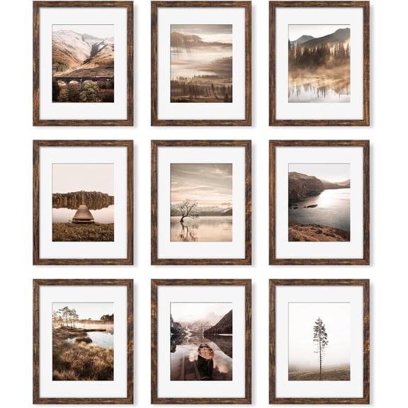 11x14 Picture Frame Set of 9, Photo Gallery Wall Frame Set, Display Pictures 8x10 with Mat or 11 x 14 Without Mat, Multi Photo Frames for Wall Mounting or Table Top Display, Rustic Brown
