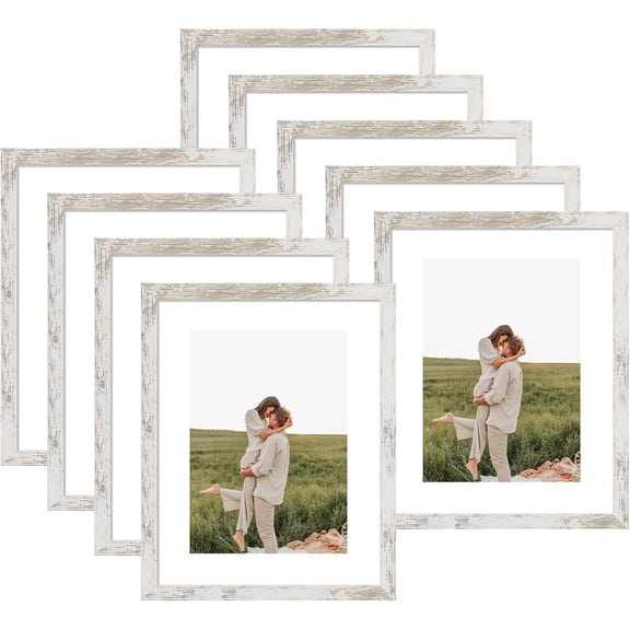 11x14 Picture Frame Set of 9, Photo Gallery Wall Frame Set Display Pictures 8x10 with Mat or 11 x 14 Without Mat, Multi Photo Frames for Wall Mounting or Table Top Display, Distressed White