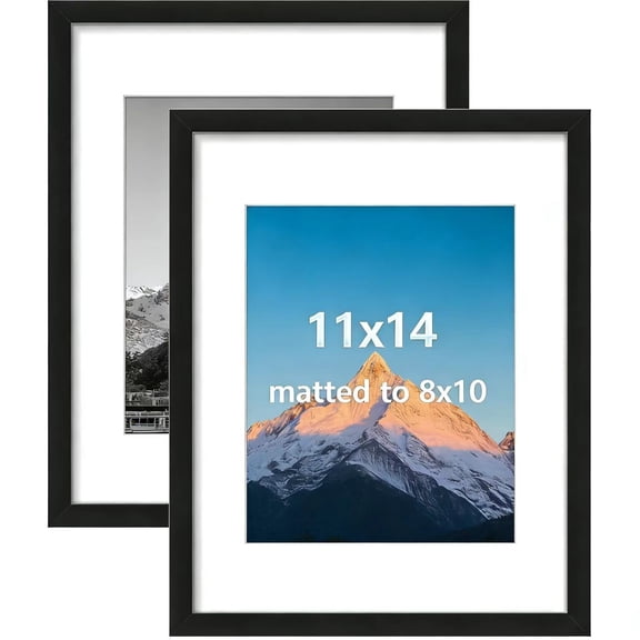 11x14 Picture Frame Set of 2, Display Poster 8x10 with Mat or 11x14 Without Mat, Wall Gallery Photo Frames, Black