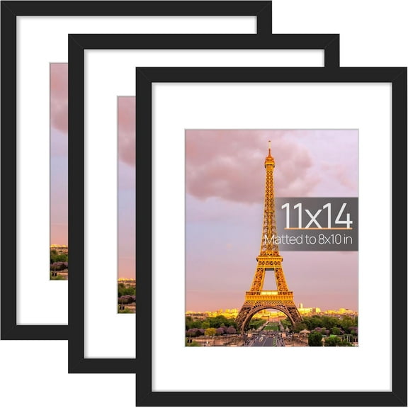 11x14 Picture Frame Set of 3, Made of High Definition Glass for 8x10 with Mat or 11x14 Without Mat, Wall and Tabletop Display Photo Frames, Black
