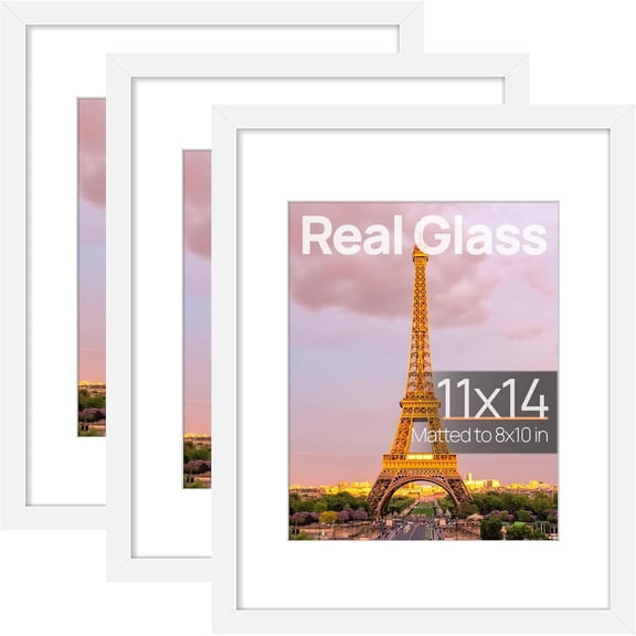 11x14 Picture Frame Set of 3, Made of High Definition Glass for 8x10 with Mat or 11x14 Without Mat, Wall and Tabletop Display Photo Frames, White
