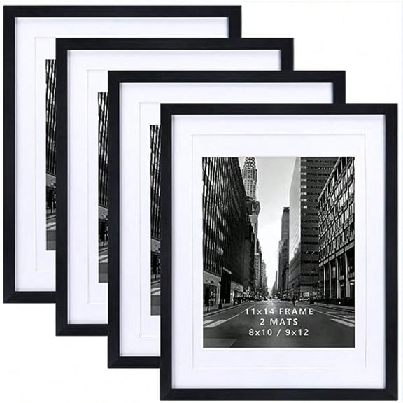 11x14 Picture Frame Set of 4 Matted to 8x10 or 9x12 Photos with Double Mats Display 14x11 Poster Without Mat Wall or Tabletop Black