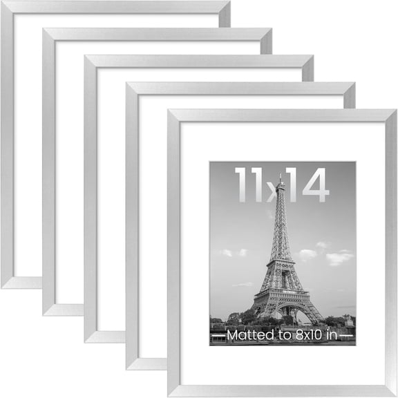 11x14 Picture Frame Set of 5, Display Pictures 8x10 with Mat or 11x14 Without Mat, Wall Gallery Photo Frames, Silver