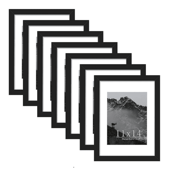 11x14 Picture Frame Set of 7, Display 8 x 10 with Mat or 11 x 14 Without Mat, Photo Frames for Wall unting or Table Top Display, Black.