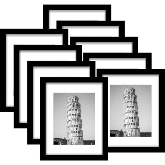 11x14 Picture Frame Set of 9, Display Pictures 8x10 with Mat or 11x14 without Mat, Photo Frame for Wall Mounting or Tabletop Display, Black.
