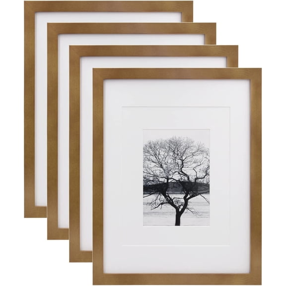 11x14 Picture Frames 4 Pack Display Pictures 5x7/8x10 with Mat or 11x14 Without Mat Made of Solid Wood Covered by Plexiglass for Table Top Display and Wall Mounting Photo Frame, Light Brown