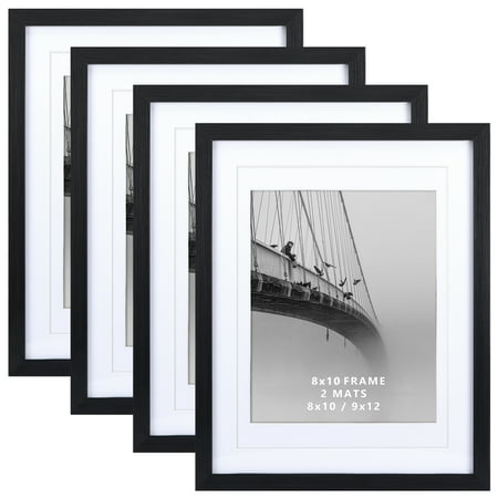 11x14 Picture Frames Set of 4 for Wall Mount and Tabletop Display Vertically and Horizontally, Black Photo Frame with 2 Mats for Bedroom Living Room Office