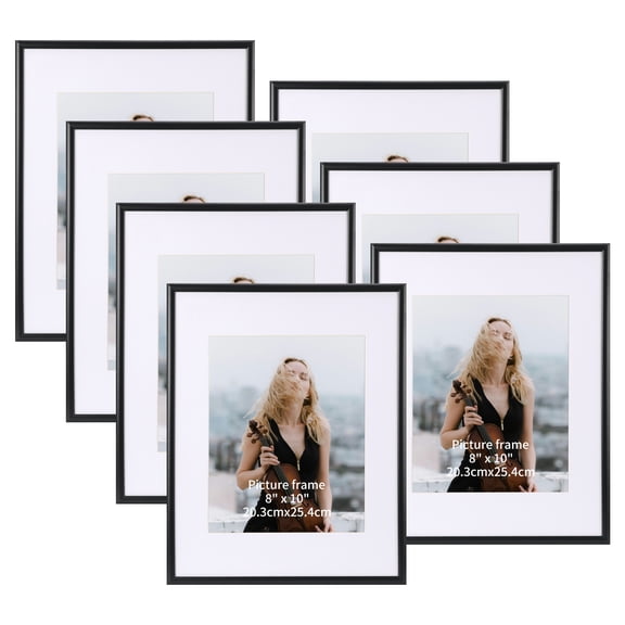 11x14 Picture Frames Set of 7, Display Pictures 8x10 with Mat or 11x14 Without Mat, Rustic Distressed Wall Hanging Family Gallery Multi Photo Frame, Black