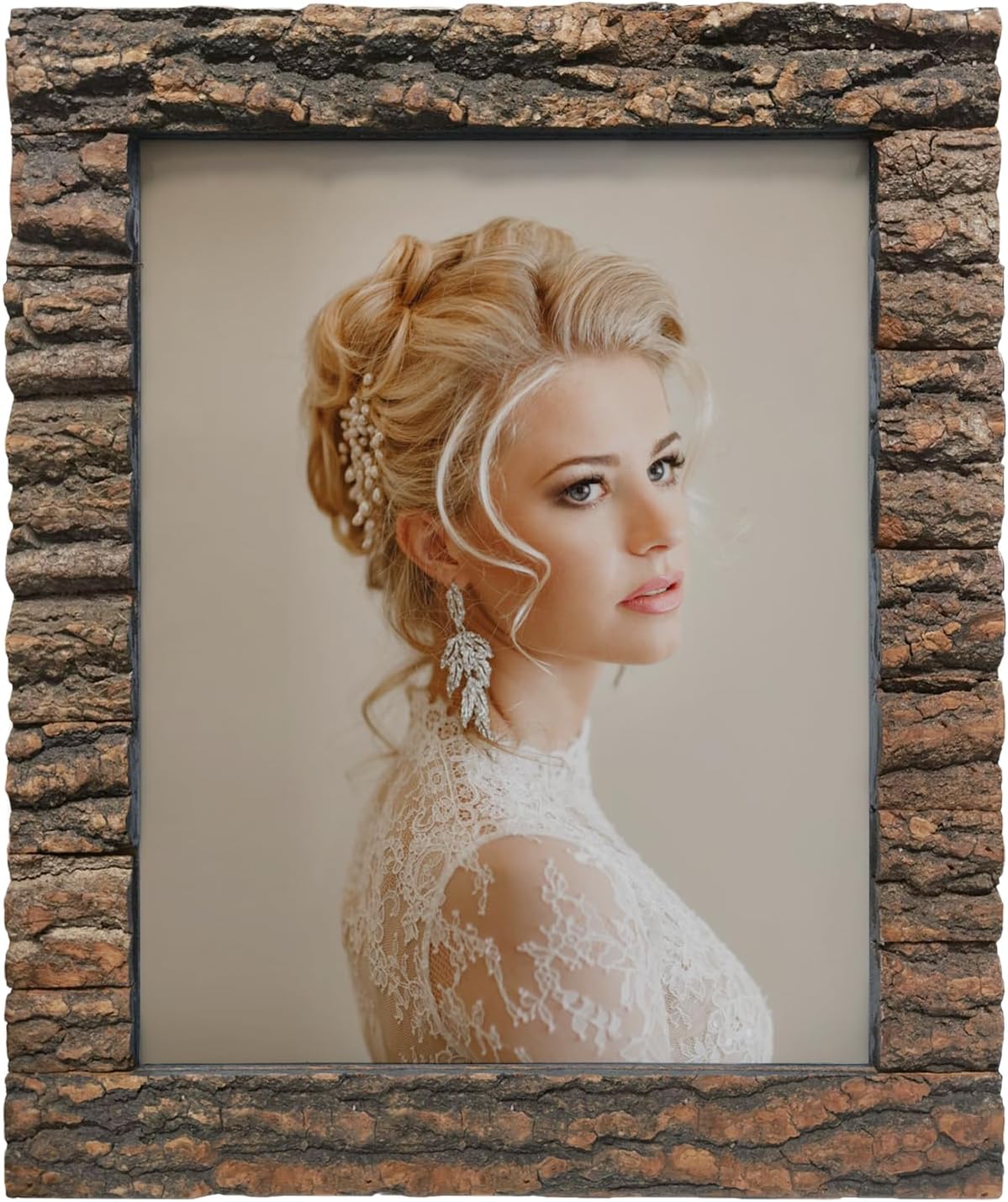 11x14 Rustic Wood Picture Frame with Real Bark，Solid Wood High