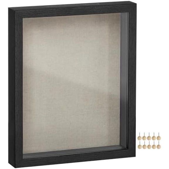 11x14 Shadow Box Frame, Deep Box Frame with Top Slot and Push Pins, Picture Display Case, Linen Fabric Backing for DIY Craft, Glass Front, Gift Idea, Black