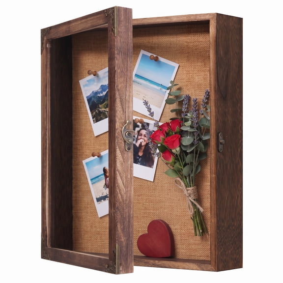 11x14 Shadow Box Frame with Glass Door, Rustic Solid Wood Display Case with Linen Board & 10 Pins, Deep Memory Box for Bouquets, Medals, Photos, Keepsakes, Wall & Tabletop