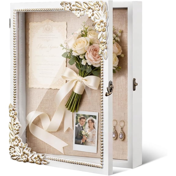 11x14 Shadow Box Frame - Vintage Gold & White Wood Display Case with Metal Latch Real Glass Large Memory Shadowbox for Wedding, Graduation, DIY Pet Memorial Loved One Remembrance