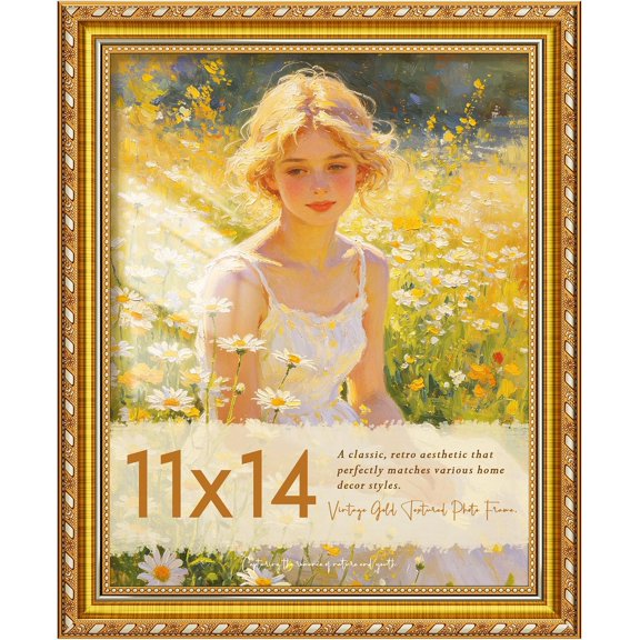 11x14 Vintage Ornate Gold Picture Frame, Tempered Glass, 1 Pack | 1.18 in Antique Baroque Wide Border, Black Backboard, Easel Back for Tabletop Display, Horizontal/Vertical Wall Mount
