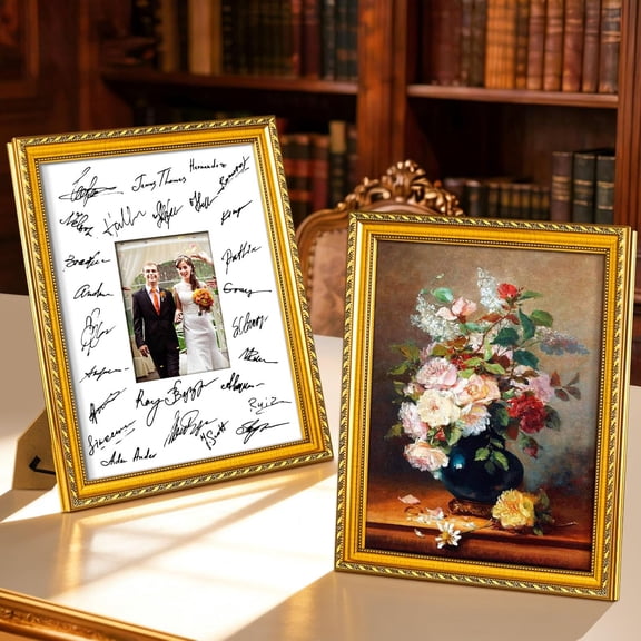 11x14 Wedding Signable Picture Frame, Signature Frame with 5x7 Mat, Wedding Guest Book Alternative, Wall and Tabletop Mount Frmae for Wedding, Graduation, Celebration, Gold