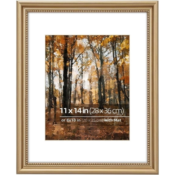 11x14 in Wood Classic Gallery Picture Frame, Ornate Beaded Inner, Matted for 8x10 Photo, Vertical or Horizontal Display, Glass Cover, Antique Champagne Brass