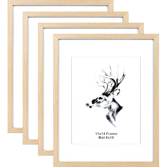 11x14 Wood Picture Frame with Mat for 8x10 Set of 4, Natural Solid Oak Wood 11x14 Frame with Tempered Glass for Horizontal and Vertical Wall Mounting (4 pack, Oak)