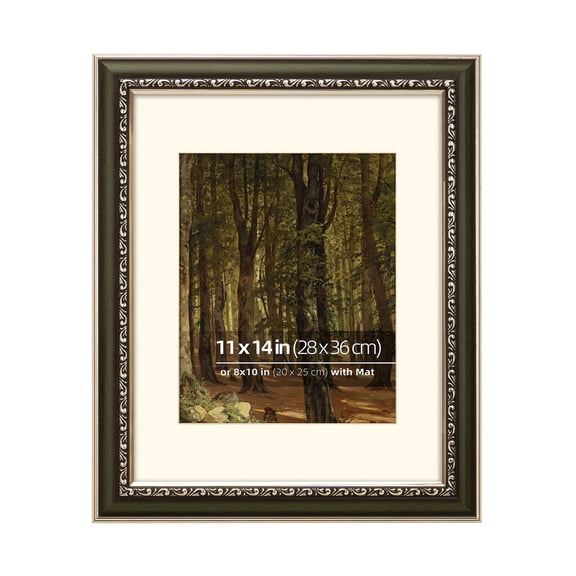 11x14 inch Distressed Green and Silver Curved Scrollwork Motif Embossed Ornate Classic Picture Frame, Matted for 8x10 inches, Tabletop or Wall Display, Real Glass Protection