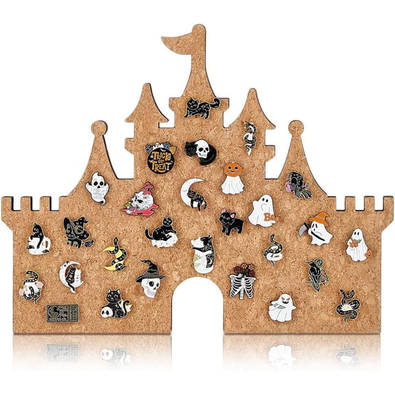 11x14inch Wooden Castle Shape Cork Board Enamel Pin Display Board Personalized Photo Display Decorative Wall Organizer with Hanging Holes for Brooch Collections Room Decoration for DIY