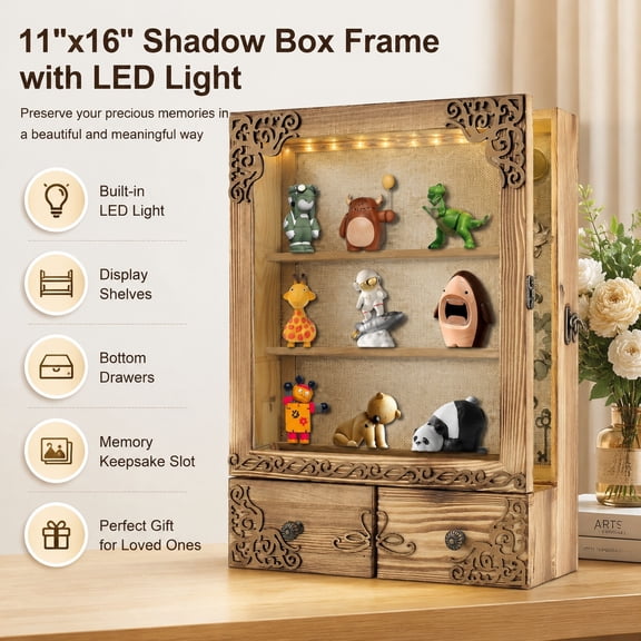 11x16 Large Deep Shadow Box Frame with LED Light, Wedding Memorial Display Case with Shelves, Drawer, and Keepsake Slot, Rustic Wood Gift