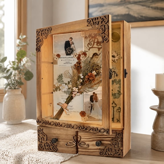 11x16 Lighted Shadow Box Frame with Shelves, Drawer & Keepsake Slot, Large Deep Rustic Display Case for Wedding, Memorial, Flowers, Gift