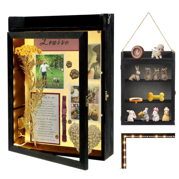 11x16 Shadow Box Frame With Light Memorial Display Case Shelves And Top Platform Deep For Pet Dog Keepsakes Flowers Black