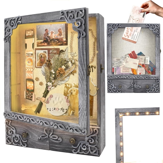 11x16 Shadow Box Frame With Light Memorial Display Case Shelves Drawer And Slot For Keepsakes Deep Pet Dog Flowers Grey