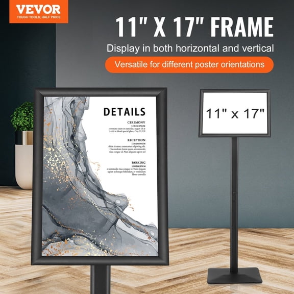 11x17 Inch Pedestal Sign Holder Adjustable Vertical Horizontal Heavy-Duty Floor Standing Poster Stand with Metal Base for Indoor Outdoor Display Advertisement Black