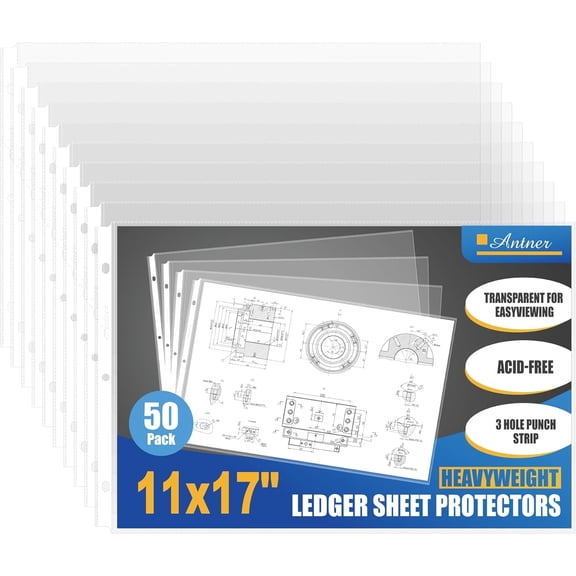 11x17 Inch Sheet Protectors (50-Pack) - Ledger Size Heavy Duty Clear Plastic Archival Sleeves, 3 Hole Punched for 3-Ring Binders, Side Loading Oversized Page Protectors for Documents Newspaper