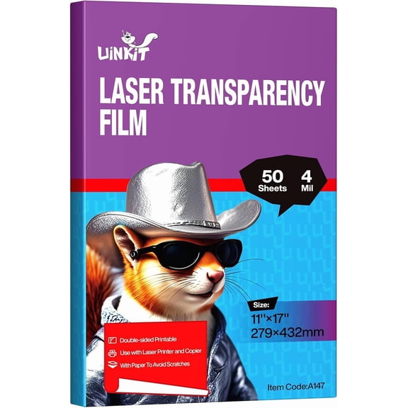 11x17 Laser Transparency Film OHP 50 Pack Acetate Sheets Clear Overhead Projector Laserjet Film for Color Laser Jet Printer and Copier A3 Menu Size 11 x 17 50 Pack