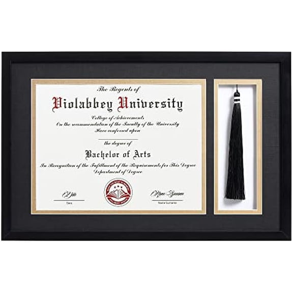 11x17 Matte Black Diploma Frame with Tassel Holder for 8.5x11 Certificates Document, College Degree Frame for Wall Mounted (Black Gold Double Mat)