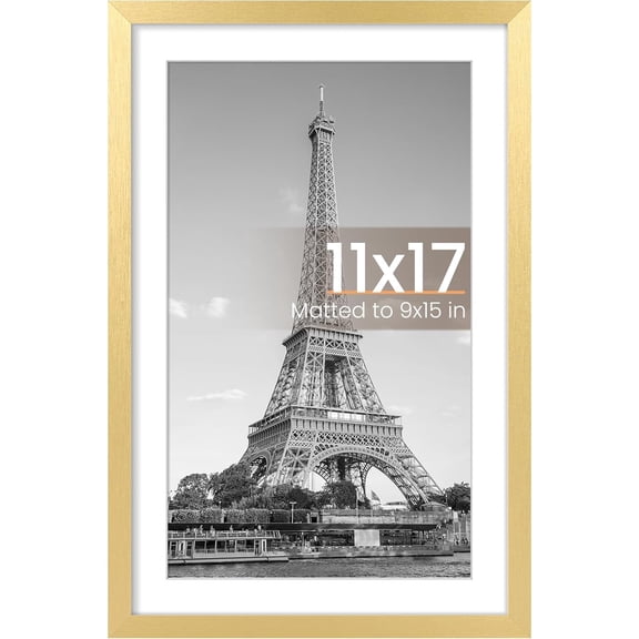 11x17 Picture Frame, Display Pictures 9x15 with Mat or 11 x 17 Without, Wall Hanging Poster Frames, Gold, 1 Pack
