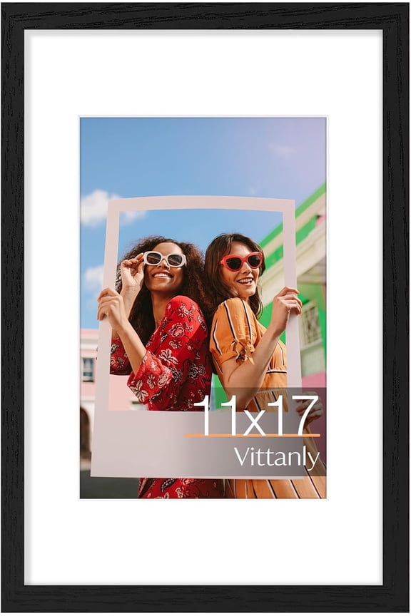 11x17 Picture Frame, Engineered Wood with Shatter Resistant Plexiglass, Display Pictures 8x12 with Mat or 11x17 without Mat, Photo Frame for Wall Mounting, Black, 1 Pack