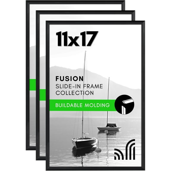 11x17 Picture Frame with Polished Front Cover - Set of 3 - Slide-In Photo Frame with Buildable Molding - Fusion Collection - Picture Frames for Wall Display - Black