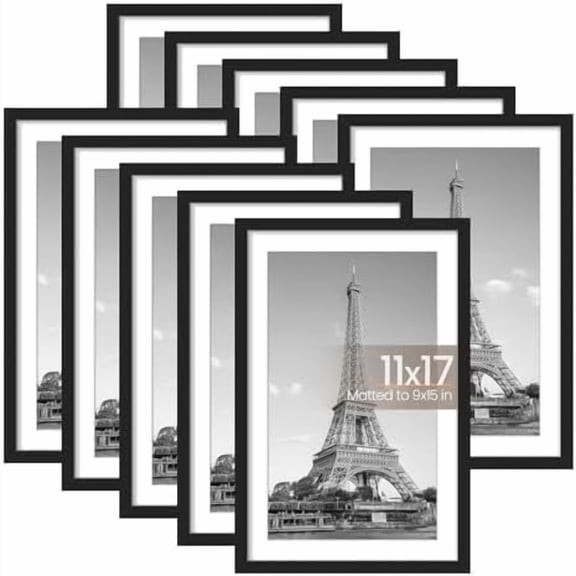 11x17 Picture Frame Set of 10, Display Pictures 9x15 with Mat or 11x17 Without, Multi Photo Frames Collage for Wall Display, Black
