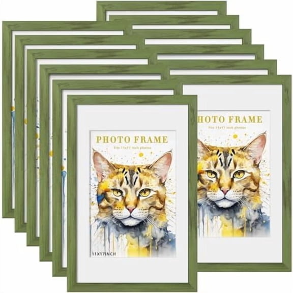 11x17 Picture Frame Set of 12, Display 8x12 with Mat or 11x17 without Mat, Photo Frames for Wall Mounting Display, Green Wood Grain