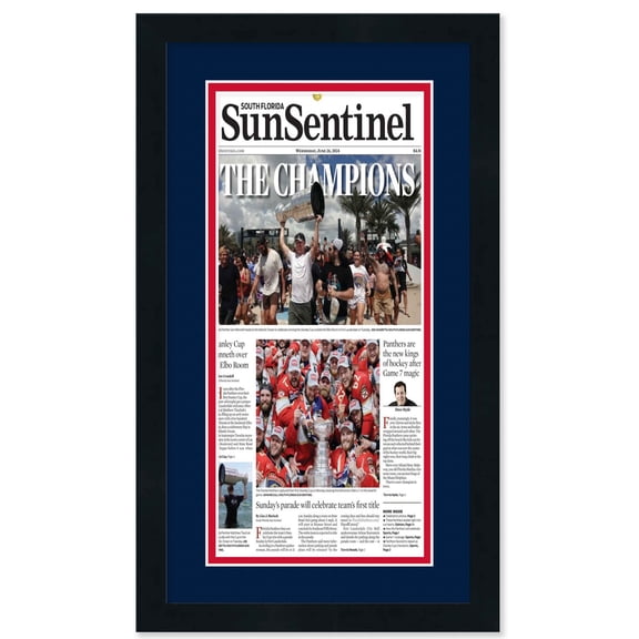 11x22 Frame for Newspapers (Black) | Navy Double Mat with Red Stripe | Includes Hanging Hardware