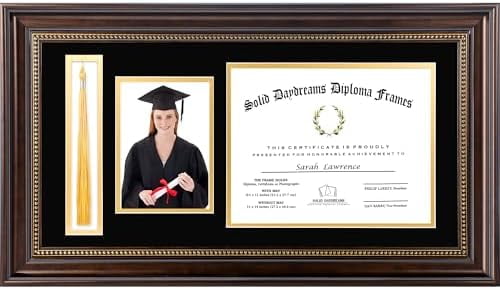 GraduatePro 11x22 Diploma Frame With Tassel Holder - Mahogany Gold, Double Mat, Real Glass For 8.5x11 Doc & 5x7 Photo