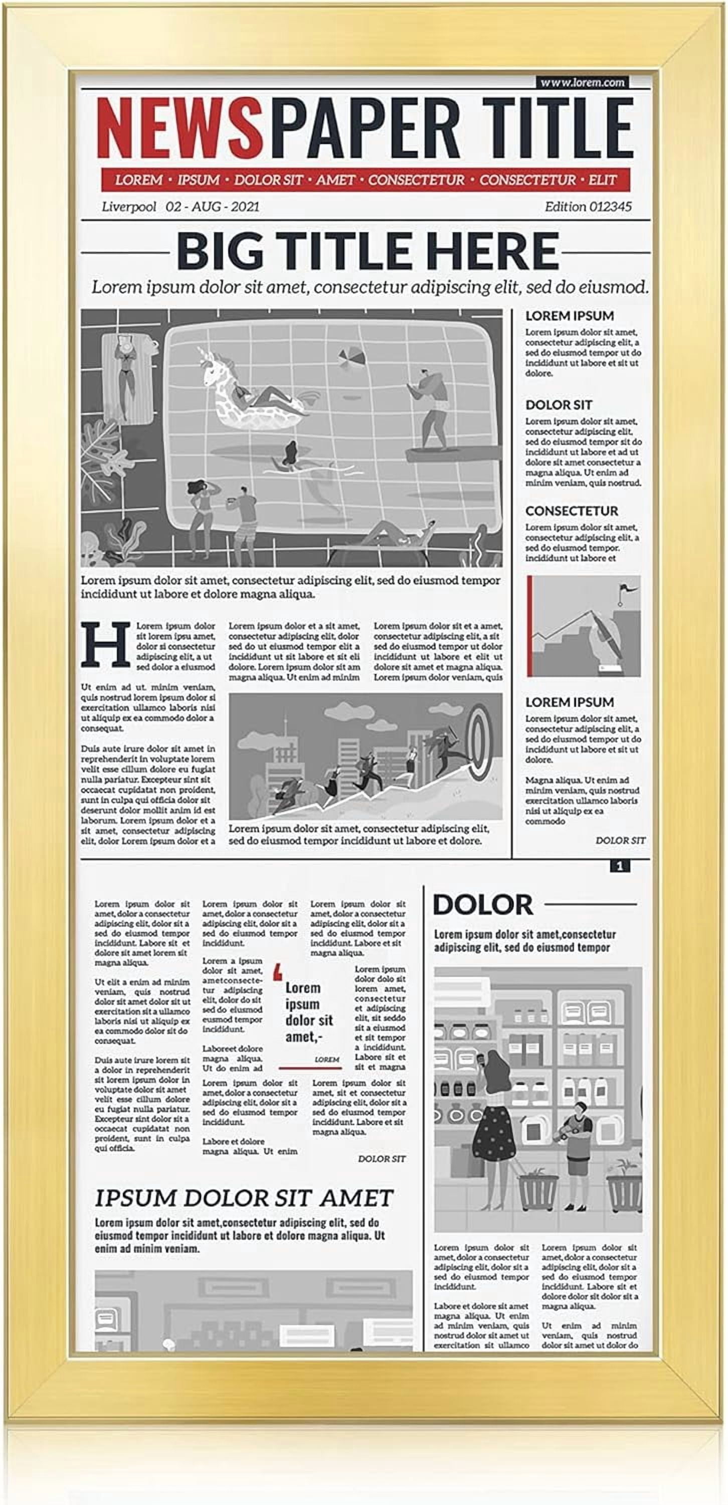 11x22 Newspaper Frame - Gold with High Definition Plexiglass, Fits 11x22 Inch Newspaper, Assorted Media Cover