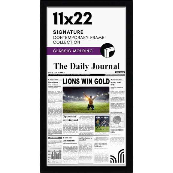 11x22 Newspaper Frame with Polished Plexiglass - Display for Assorted Media Articles - Signature Collection - Modern Picture Frame for Wall Display - Black
