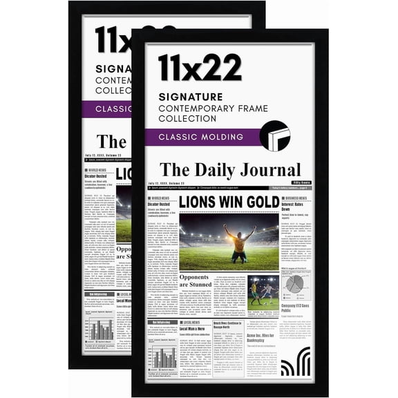 11x22 Newspaper Frame with Polished Plexiglass - Set of 2 - Display for Assorted Media Articles - Signature Collection - Modern Picture Frame for Wall Display - Black