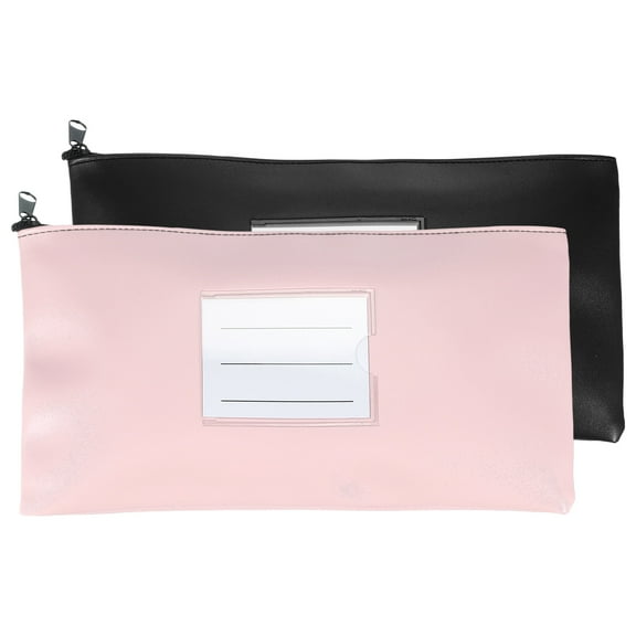 11x6 Inch Money Bags with Zipper, 2Pcs PU Leather Cash Deposit Bank Pouch Envelopes Check Wallet for Coin Cosmetics Invioce Bill, Black/Pink
