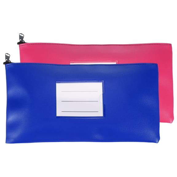 11x6 Inch Money Bags with Zipper, 2Pcs PU Leather Cash Deposit Bank Pouch Envelopes Check Wallet for Coin Cosmetics Invioce Bill, Blue/Rose Red