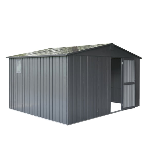 11x9 FT Dark Gray Metal Storage Shed, Galvanized Steel Frame with Windows & Lockable Door for Patio/Backyard