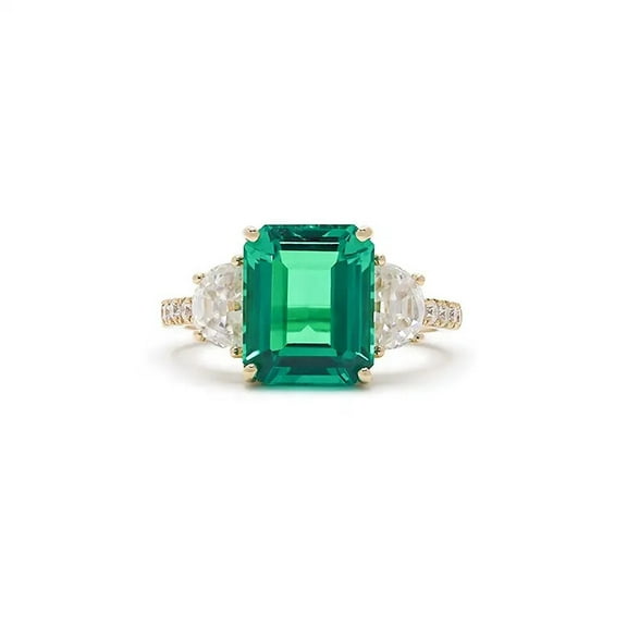 11x9mm Octagon and Half Moon Shape Lab-Created Emerald and Moissanite Engagement Ring in 925 Sterling Silver - Elegant Jewelry for Her