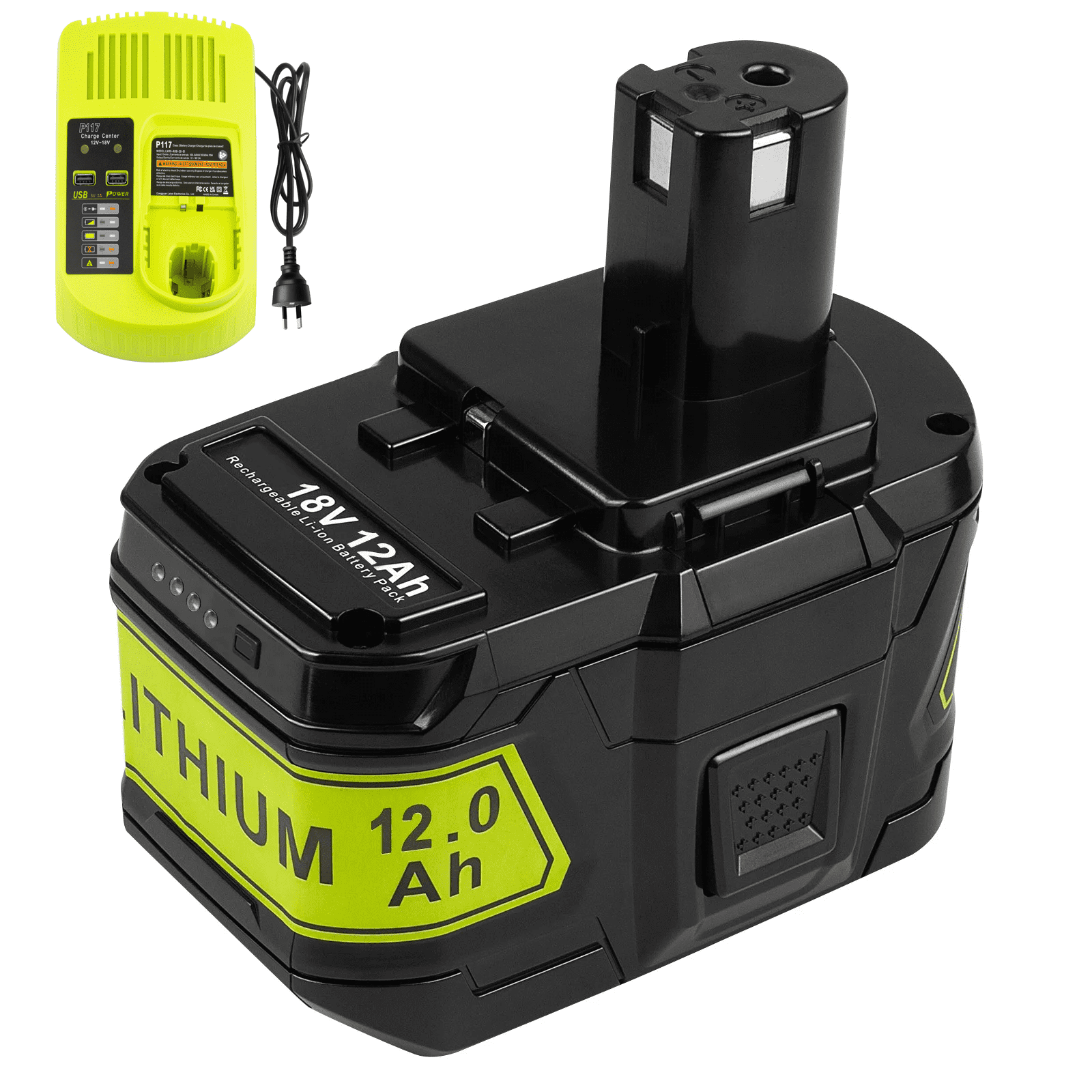 12.0 Ah Battery Replacement for Ryobi 18V ONE+ Battery One Plus P102 P103 P104 P105 P107 P108 P109 P190 P122 18V Lithium Batteries Replacement with P117 Battery Charger for Ryobi