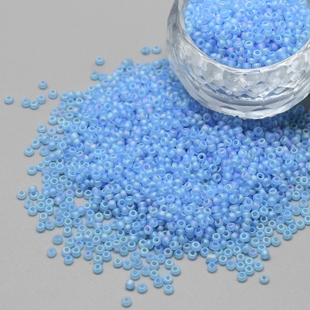 12/0 Grade A Round Glass Seed Beads Transparent Frosted Style AB Color Plated Deep Sky Blue 2x1.5mm Hole: 0.8mm about 30000pcs/bag