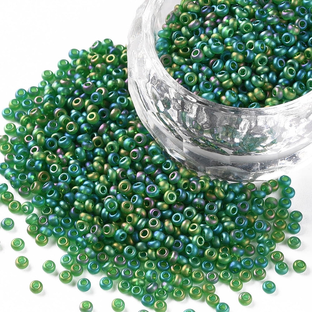12/0 Grade A Round Glass Seed Beads Transparent Frosted Style AB Color Plated Green 2x1.5mm Hole: 0.8mm about 30000pcs/bag