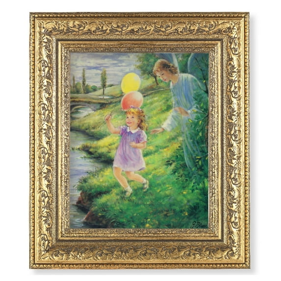 Hirten 12 1/4" x 12 1/4" Antique Gold Frame with 8" x 10" Guardian Angel with Girl Wall Art Print Religious Plaque Picture Image | Gold-Leaf Acanthus-Leaf Carvings Ornate Frame