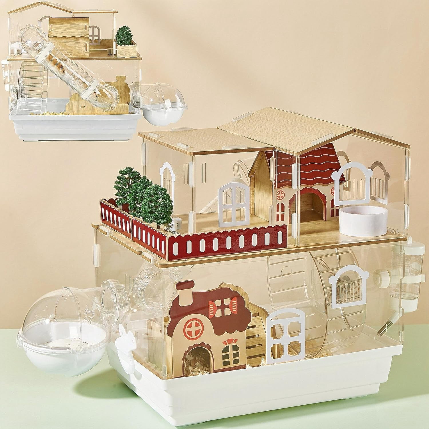 12 in 1 Clear Acrylic Hamster Cage with All Accessories,13.5''L* 10''W* 15''H Dwarf Hamster Cage,Magnetic Connection Small Hamster Enclosure,Garden Style Wooden Mouse Cage for Pet Mice